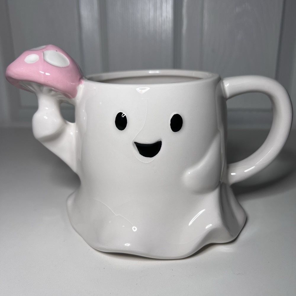Cobwebs & Cauldrons Ceramic Mug Ghost Pink Polka Dot Mushroom